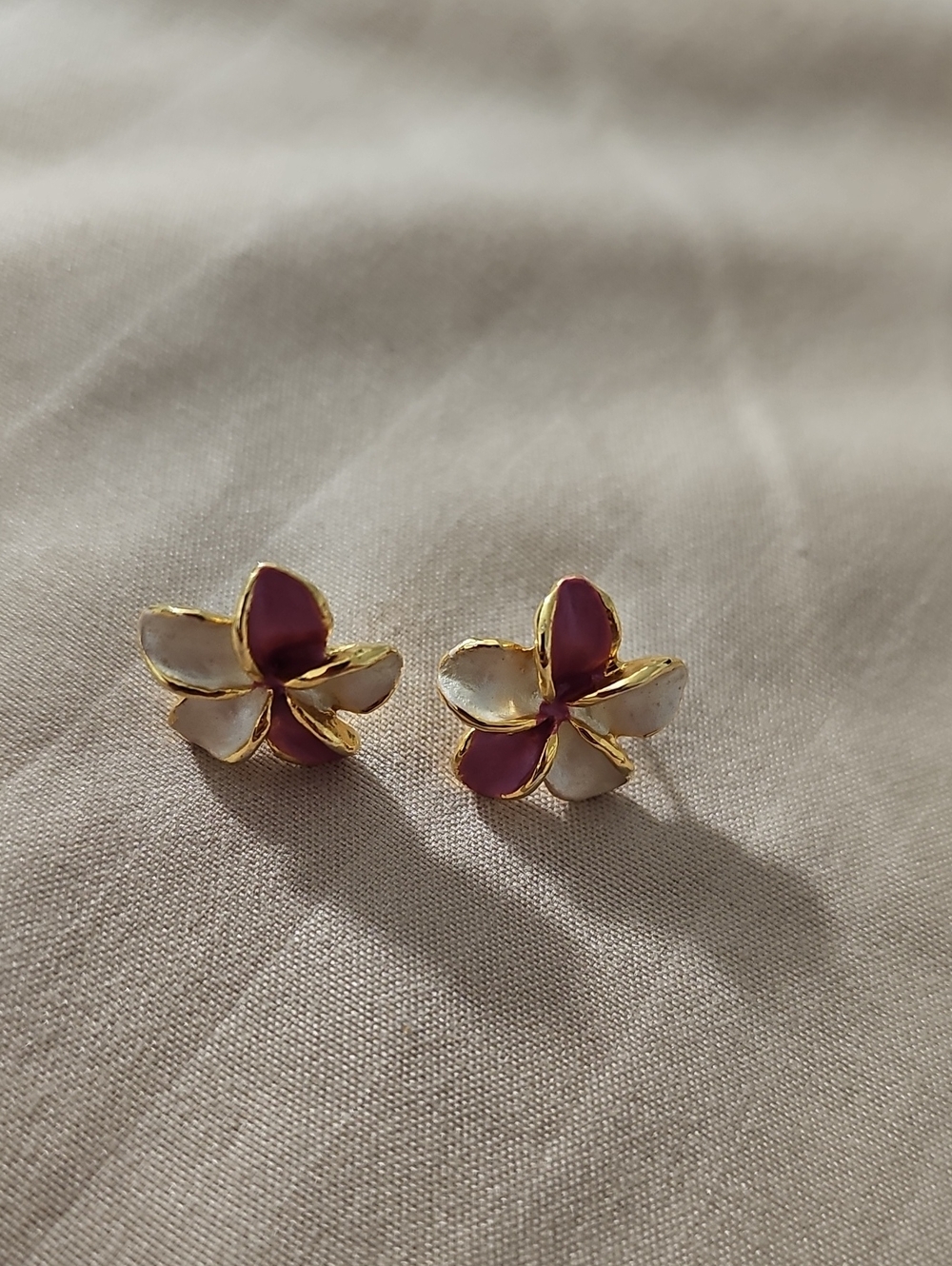 Vintage Gold-Toned Enamel Plumeria Flower Stud Earrings